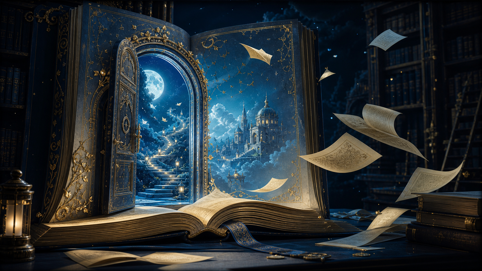 魔法書から夜の図書館へ続く扉を描いたイメージ